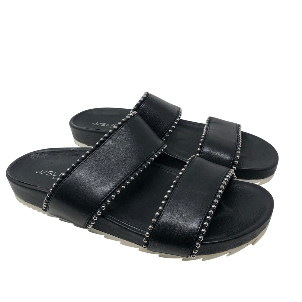 J/Slides Slide Sandals Womens 8 Black Studded Leather Double Strap Platform